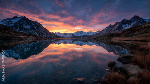 Stunning sunset over snow-capped alpine mountains with reflection in tranquil lake