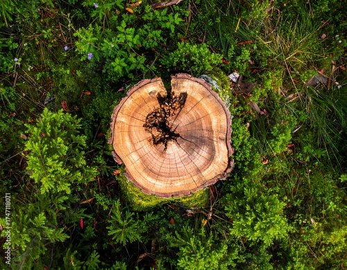 A tree stump, centered in a bed of greenery