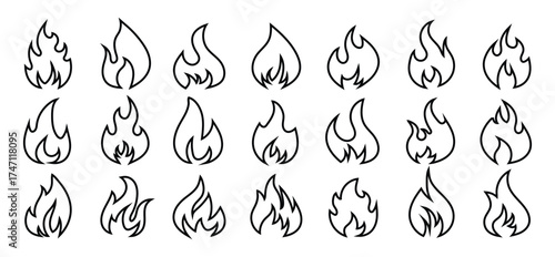 Set of Outline Flame vector icon. Campfire flame, fire flames, fireball, wildfire.