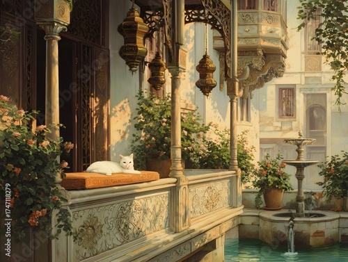 A tranquil Asian inspired balcony features hanging lanterns floral decor a trickling fountain and a napping cat during golden hour