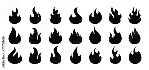 Set of black color Flame vector icon. Campfire flame, fire flames, fireball, wildfire.