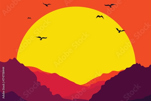 Vibrant abstract mountain landscape illustration with large yellow sun and flying birds