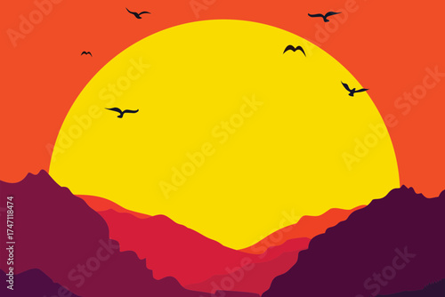 Vibrant abstract mountain landscape illustration with large yellow sun and flying birds