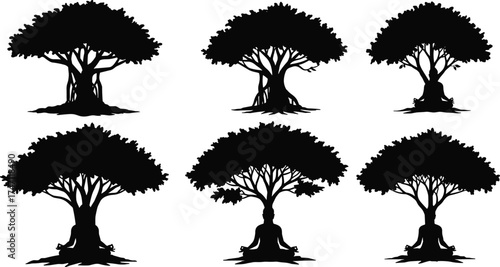 Banyan tree silhouette, meditation yoga pose, sacred nature artwork, peaceful outdoor landscape, spiritual growth vector, ancient tree roots, mindfulness relaxation design