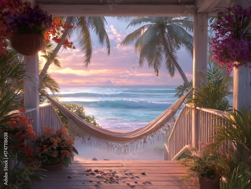 A serene tropical beach vista at sunrise with gently swaying palm trees and a hammock on a balcony overlooking the tranquil ocean waves