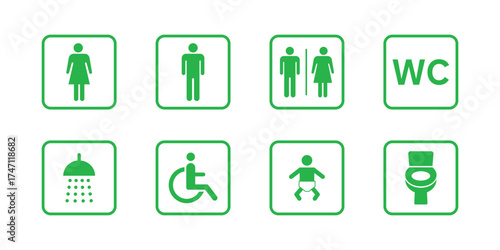Collection of eight green neon restroom signage icons including male female disabled baby and shower symbols isolated on transparent background