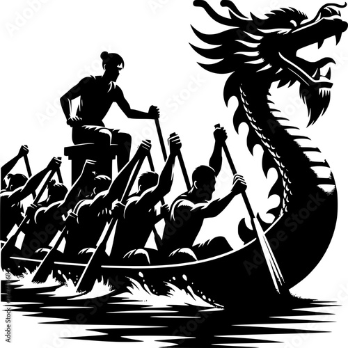 Dragon Boat Race: A dynamic dragon boat, guided by a steersman and propelled by a team of rowers, carves through the water with determination. Capturing the essence of unity, competition.