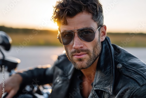 Rider poses confidently on motorcycle at sunset in open field