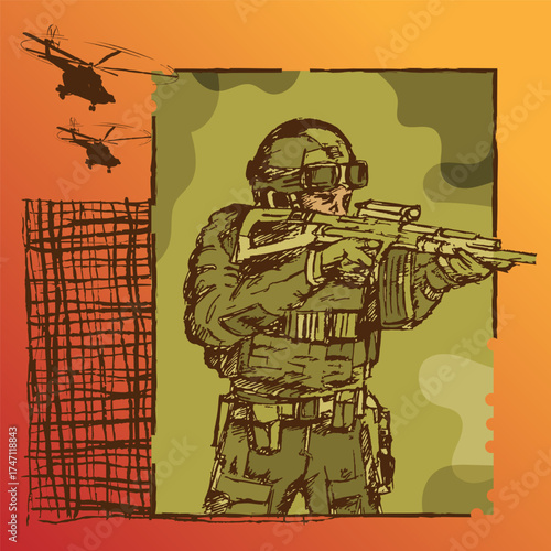 A stormtrooper fires a machine gun in a combat zone. Sketch, rough sketch, art design. Vector illustration