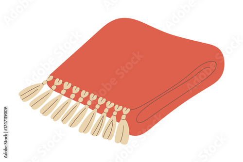 Illustration of a folded orange blanket with tassels on a white background