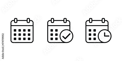 Black Outline Icons of Calendar with Checkmark and Clock On Transparent Background