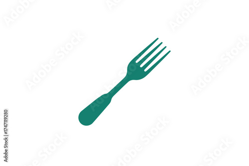Isolated teal fork with four tines on a white background angled subtly