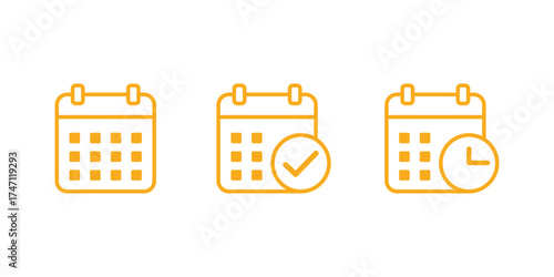 Three stylized calendar icons showing a blank calendar a calendar with a checkmark and a calendar with a clock face isolated on transparent background