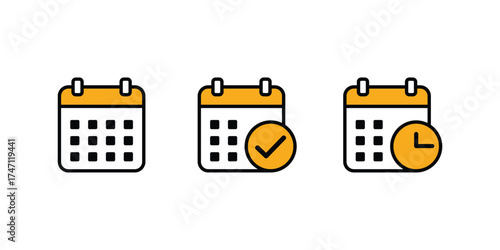 Three calendar icons showing different stages of planning and scheduling isolated on transparent background