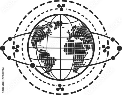 Stylized globe with interconnected orbits and geometric patterns representing global connectivity