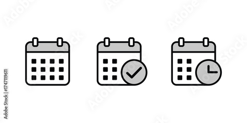 Three calendar icons showing different states of planning and scheduling isolated on transparent background