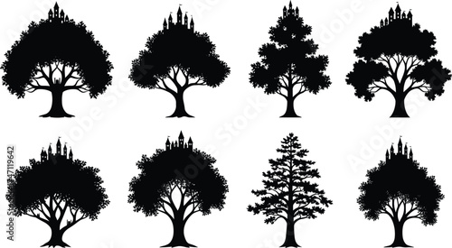 Black silhouette illustration of castles on trees, fantasy medieval forest landscape, magical fairytale nature design, enchanted mystical art, creative imaginative background.