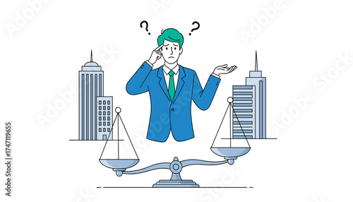 Vector art of a businessman stands between two buildings on a scale, looking confused with question marks above his head