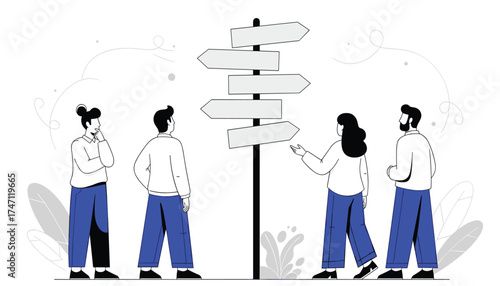 Vector art of diverse group of people standing at a crossroads with multiple directional signs, contemplating choices and future paths