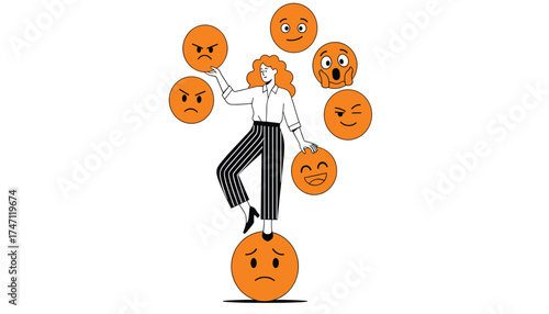 Vector art of woman juggling different emotion emojis while balancing on a sad face