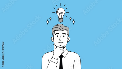 Vector art of man with a bright idea symbolized by a glowing lightbulb above his head, representing innovation and creativity