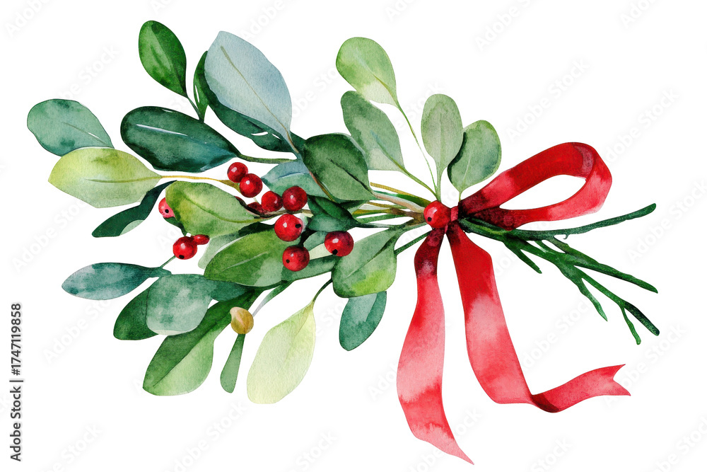Obraz premium Beautiful watercolor mistletoe bouquet featuring vibrant green leaves and bright red berries tied with a festive ribbon for holiday decor