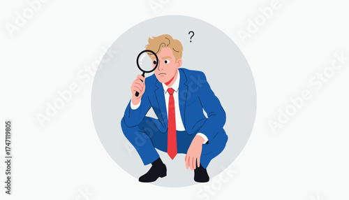 Vector art of a businessman in a blue suit and red tie is crouching and looking through a magnifying glass at his own head, with a question mark above him, isolated on a