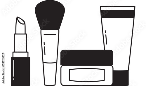 Vector art of collection of makeup items including lipstick, brush, cream, and tube