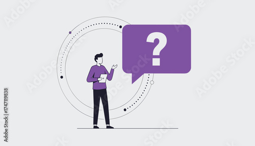 Vector art of a person holding a document stands next to a purple speech bubble with a question mark, representing confusion or inquiry, against a light gray background with circular graphic elements