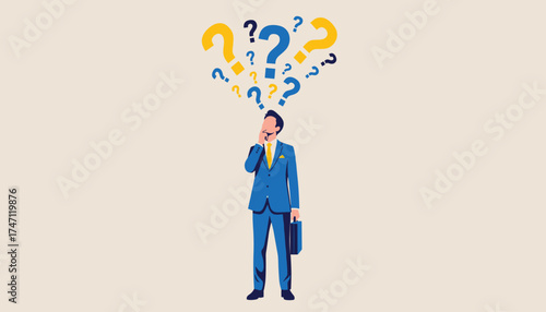 Vector art of a businessman in a blue suit stands thoughtfully, with a cluster of yellow and blue question marks floating above his head, symbolizing confusion or a problem to solve