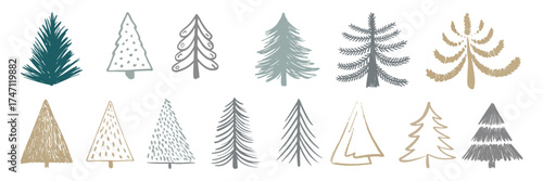 Christmas Tree Vector Set with Hand Drawn Style – Artistic Holiday Illustrations for Winter Greeting Cards, Seasonal Decor, Invitations, and Festive Design Concepts