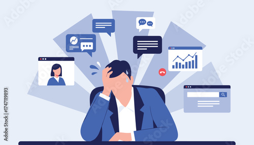 Vector art of stressed businessman overwhelmed by notifications and work, symbolizing information overload and burnout in the digital age