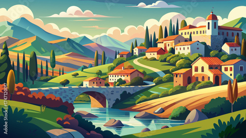 Very beautiful stylized Italian village nestled among rolling hills with a charming bridge and gentle river beneath a cloudy sky, vector-style landscape rich in color, harmony, and peaceful atmosphere