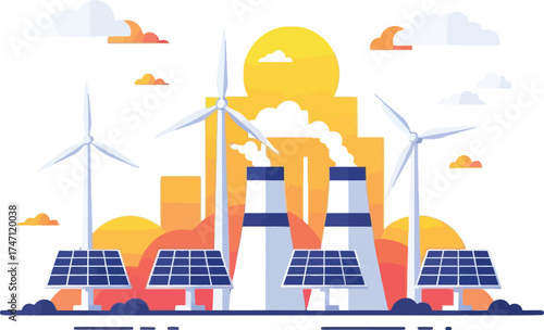 Modern industrial landscape showcasing renewable energy sources like solar panels and wind turbines alongside a power plant