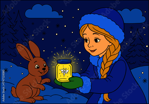 Cute winter Christmas illustration of a girl in a blue coat and hat holding a glowing lantern with a firefly inside, sharing its light with a friendly brown bunny. 