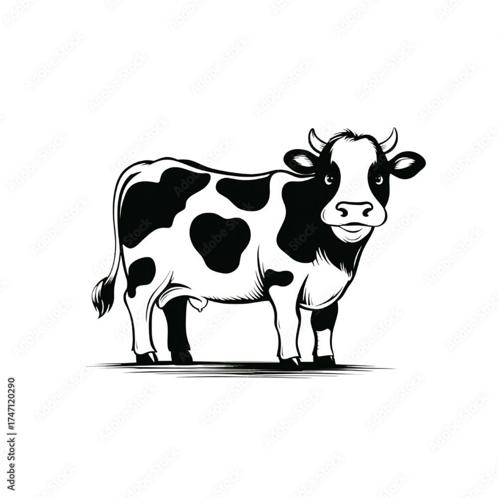 Fototapeta premium Cow Illustration Vector Black and White Farm Animal Design