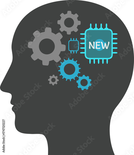 The concept of retraining and adapting to new technologies. In a person's head, old gears are replaced with a processor, symbolizing the upgrade of skills, learning, and development for a new career.