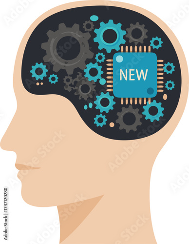 The concept of retraining and adapting to new technologies. In a person's head, old gears are replaced with a processor, symbolizing the upgrade of skills, learning, and development for a new career.