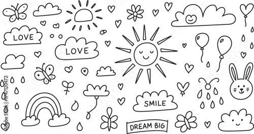 Cute Kids Style Black and White Elements, Kawaii Sunshine, Clouds, Hearts, Butterflies, Balloons, Rainbow, Rain, Rabbit, and Positive Motivation Phrases like "Love," "Smile," and "Dream Big