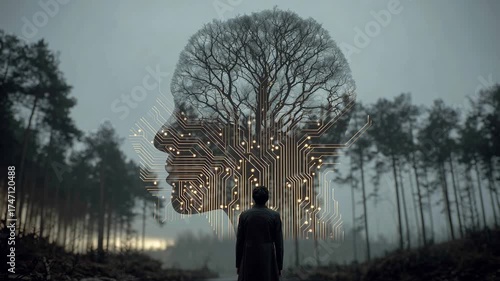 Future of consciousness A lone figure in a mystical forest gazes at a giant glowing head, a circuit-tree merging nature, technology, and AI