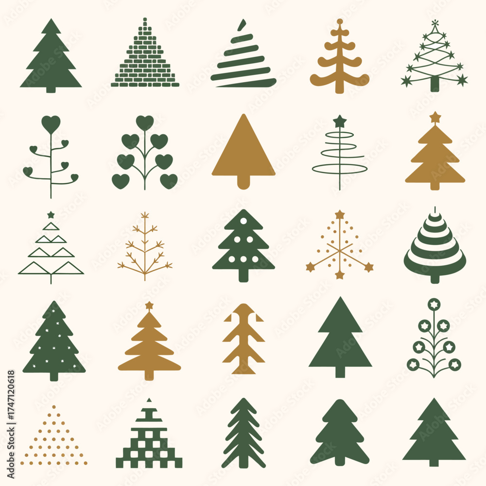 Obraz premium Christmas Tree Icon Collection – Vector Illustration Set for Holiday Design, Festive Greeting Cards, Seasonal Decorations, Winter Celebrations, and Creative Graphic Design Projects