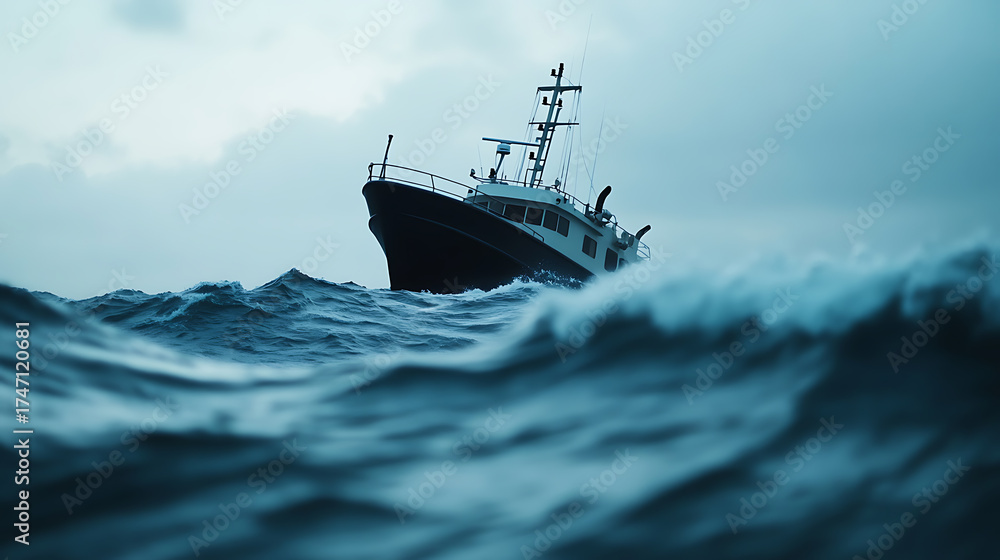 Fototapeta premium A vessel navigating choppy waters under a moody sky, suggesting a journey through challenging conditions or a scene from a maritime adventure.