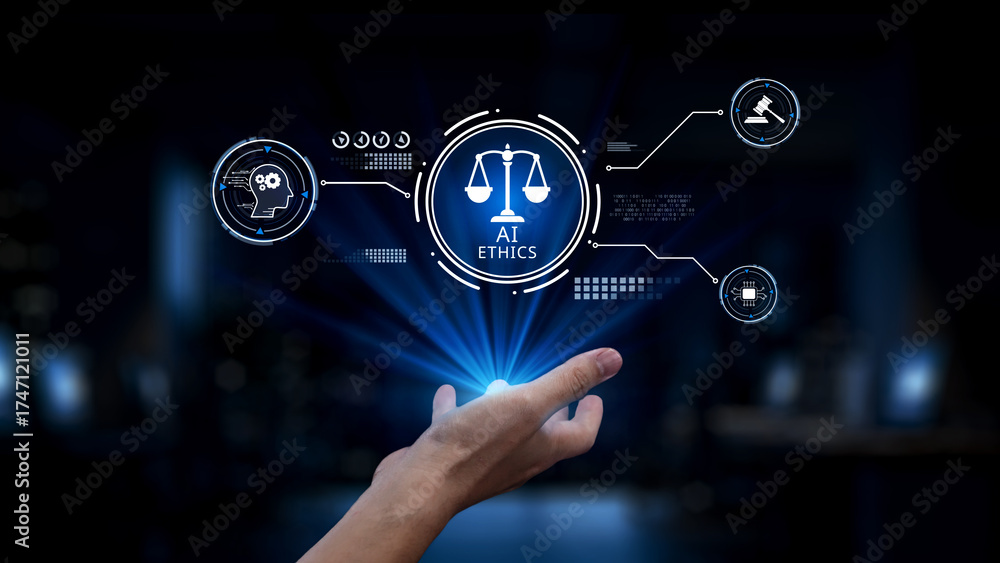 Fototapeta premium A hand reaches towards a glowing holographic display symbolizing AI ethics featuring scales of justice and a head icon, representing the intersection of technology and morality. Synapse