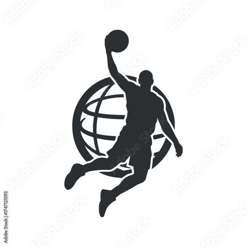 Basketball Player Dunking Silhouette Vector Action Sport Slam Dunk Globe Background