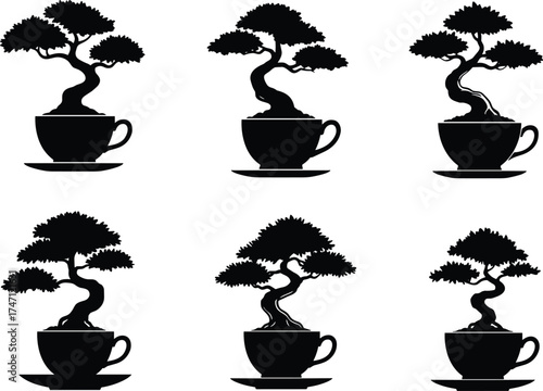 Bonsai tree silhouette, tea cup plant design, oriental zen art, vector illustration, nature growth, minimal artwork, harmony balance decoration