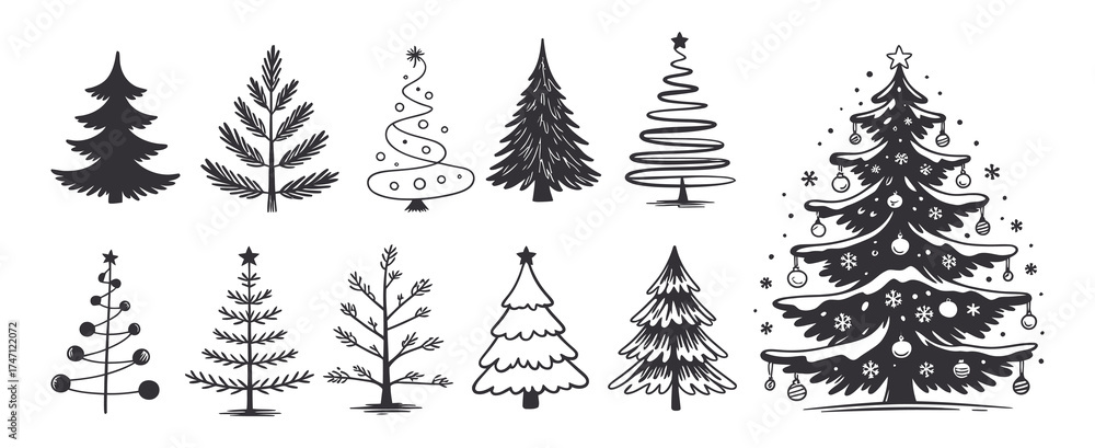 Fototapeta premium Christmas Tree Vector Set with Hand Drawn Style – Artistic Holiday Illustrations for Winter Greeting Cards, Seasonal Decor, Invitations, and Festive Design Concepts