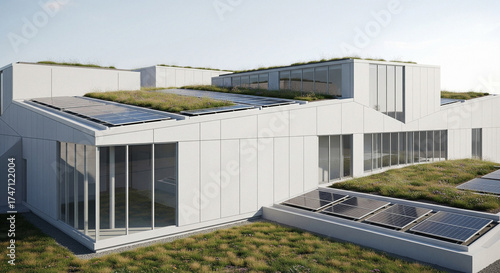 Modern Sustainable Building with Green Roof and Solar Panels