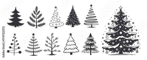 Christmas Tree Vector Set with Hand Drawn Style – Artistic Holiday Illustrations for Winter Greeting Cards, Seasonal Decor, Invitations, and Festive Design Concepts