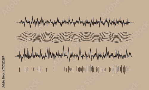 Four distinct hand drawn abstract sound wave patterns on a textured background