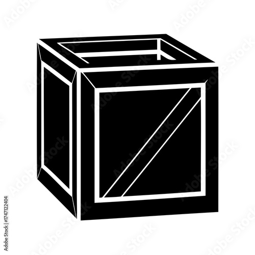 Black and white image of a wooden crate with angled supports